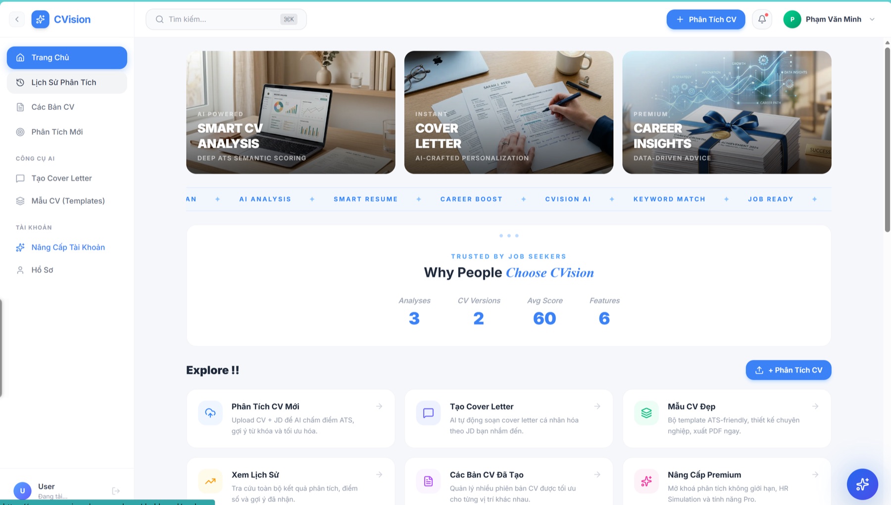 Bảng điều khiển CVision AI: phân tích CV, tạo cover letter, mẫu CV và lịch sử phân tích